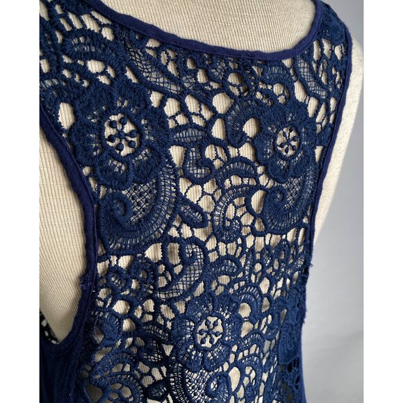 Tunic Top Shabby Chic Cottagecore Crochet Sleeveless Boho  in Navy Medium - Picture 7 of 15